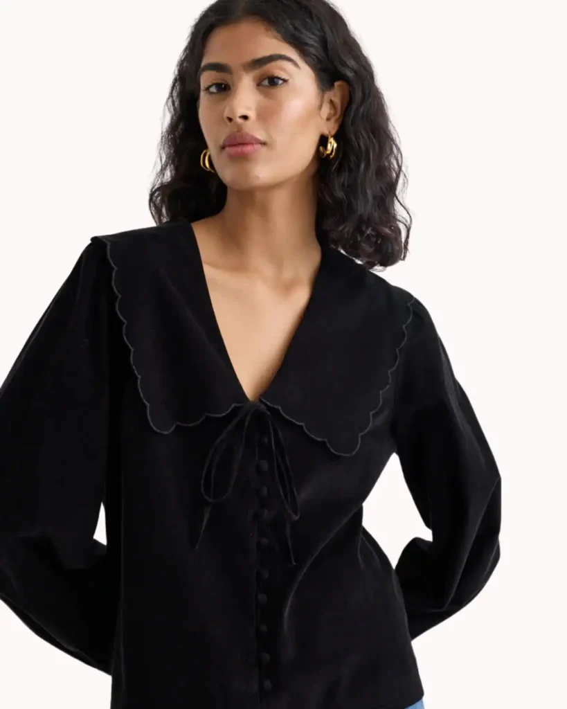 Black Cord Peter Pan Collar Birdie Blouse. Plazacore