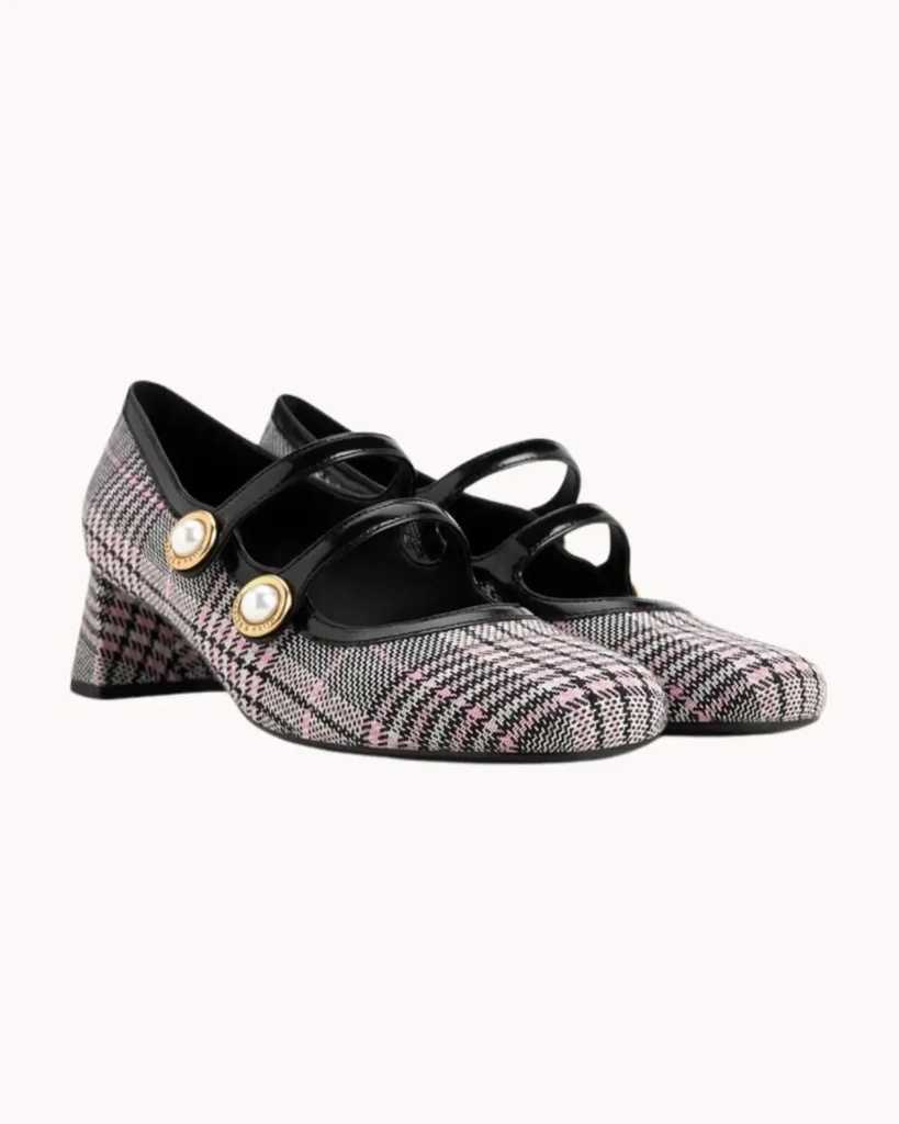 Plaid Pearl-Buckle Mary Jane Pumps - Pink
