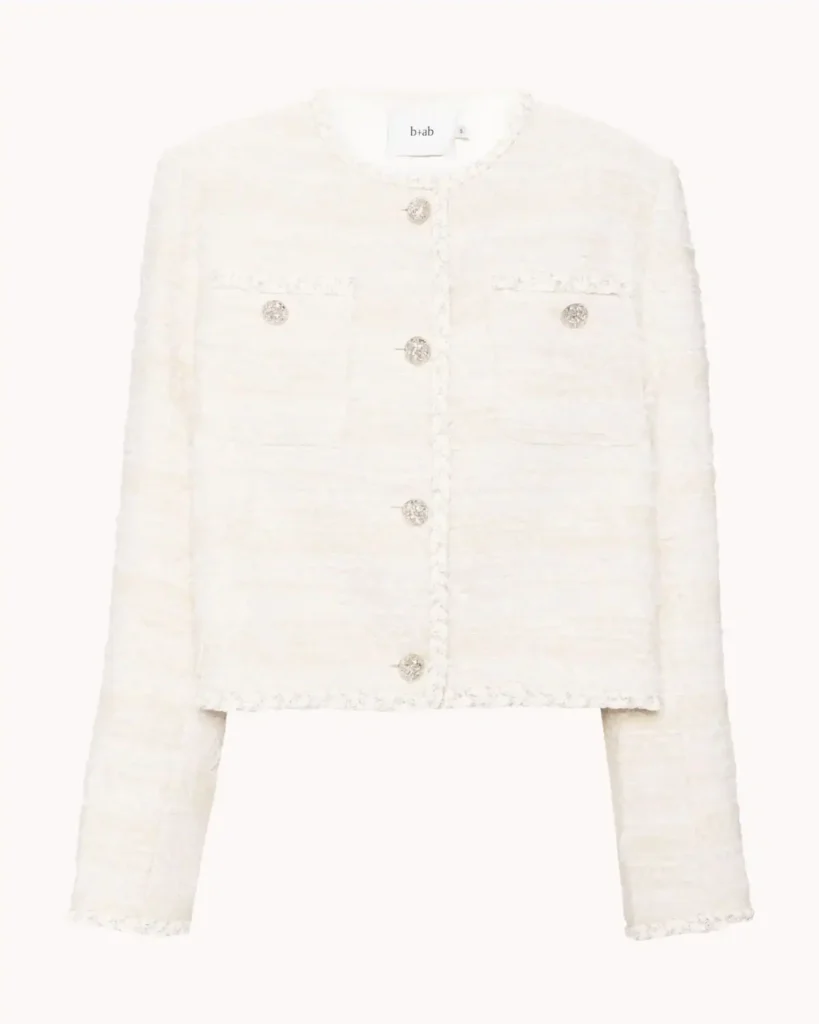 white tweed long sleeve top. Plazacore
