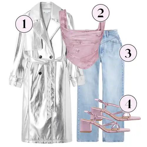 Outfit silver trench coat, pink corset, blue denim jeans and pink strappy sandals. How To Wear Silver Fashion
