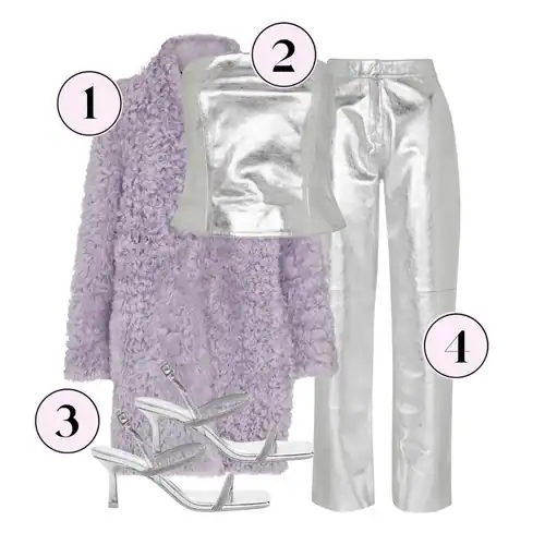 silver coord trouser outfit with lilac fluffy coat. How To Wear Silver Fashion