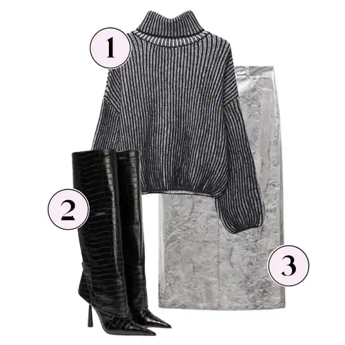 silver outfit with a silver midi skirt