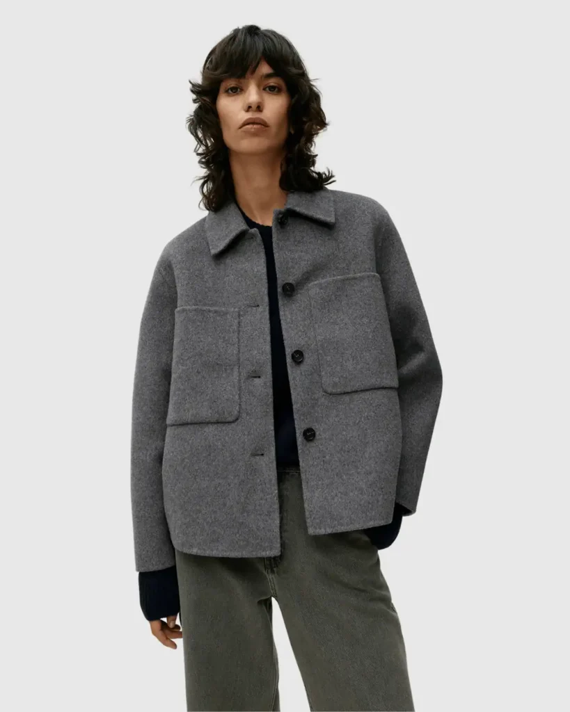 Model wears grey double face wool overshirt