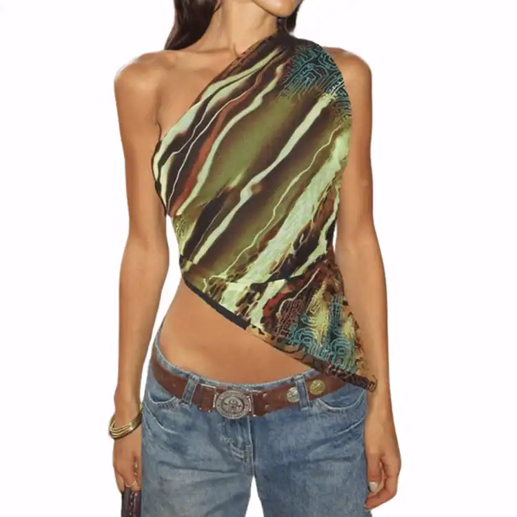 model wears asymmetric hem tank top. Best Y2K fashion brands. Best y2k fashion brands