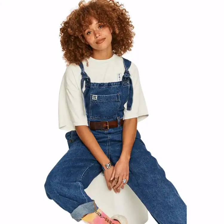 model wears blue dungaree