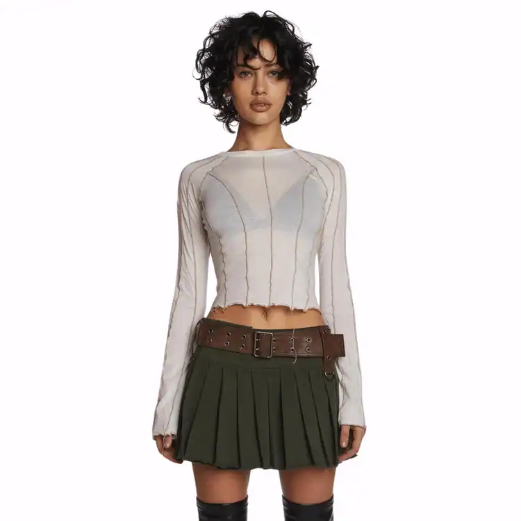 model wears contract seam top