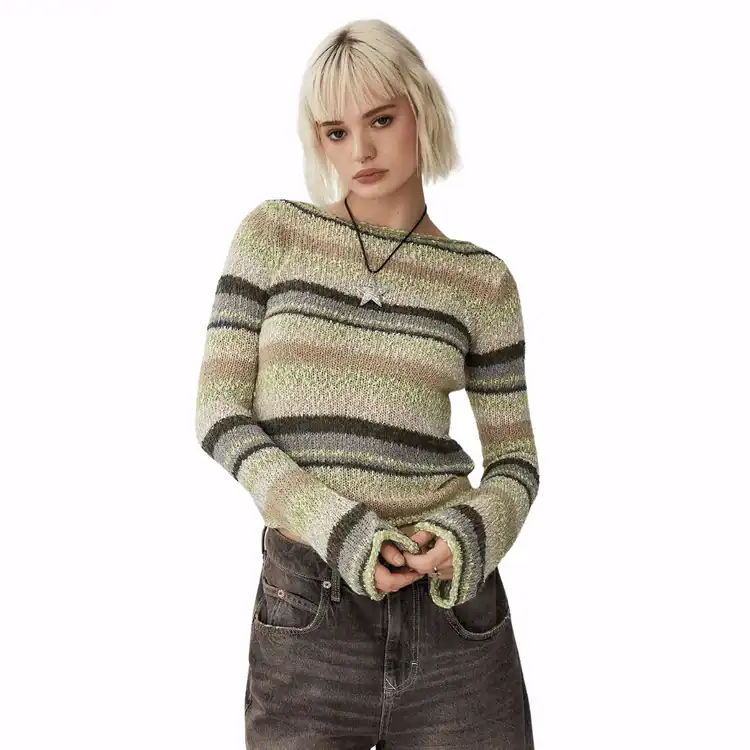 model wears green knitted jumper. Best Y2K fashion brands