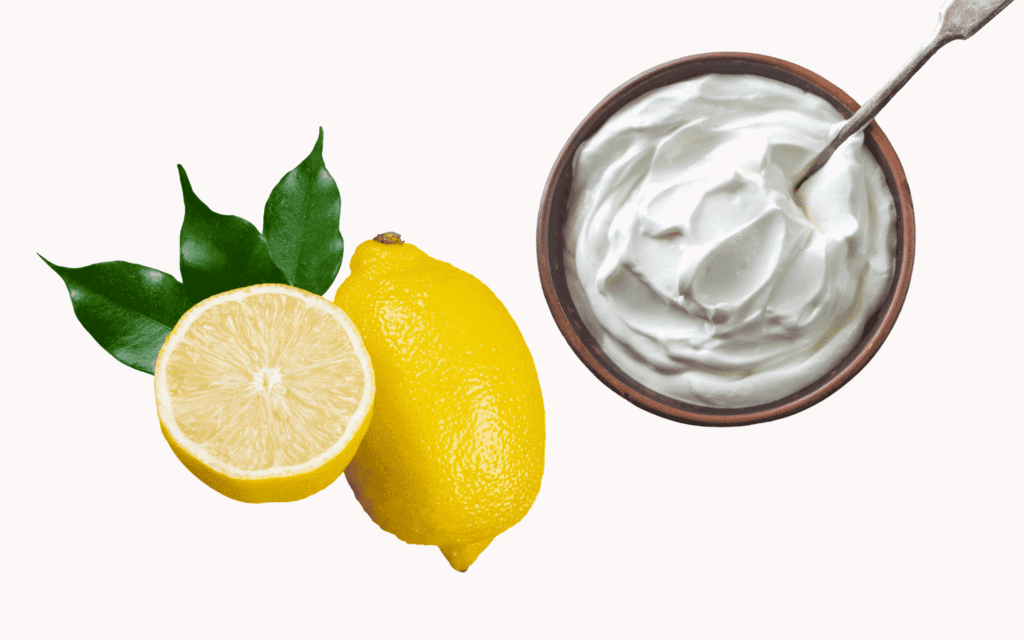 Illustration of a yoghurt in a bowl and lemons