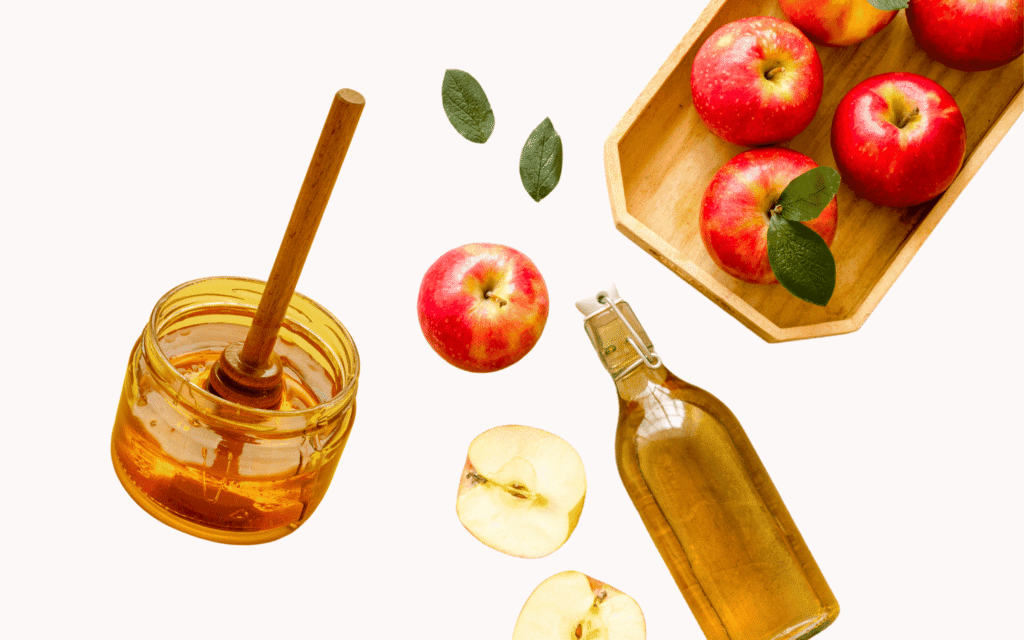 Illustration of honey in a jar, apples and apple cider vinegar