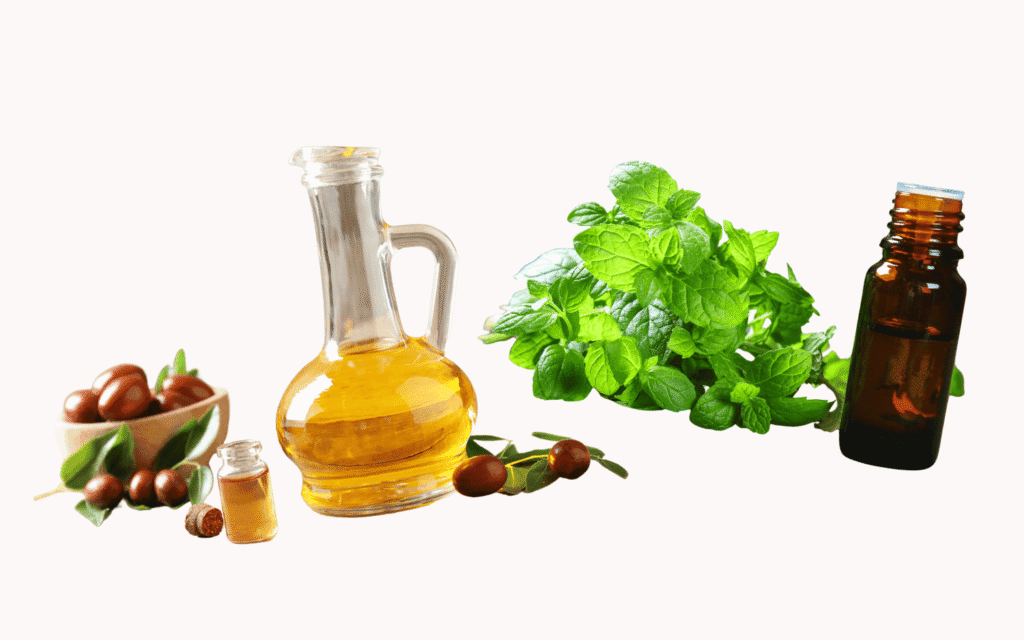 Illustration of jojoba oil, peppermint leaves and peppermint oil