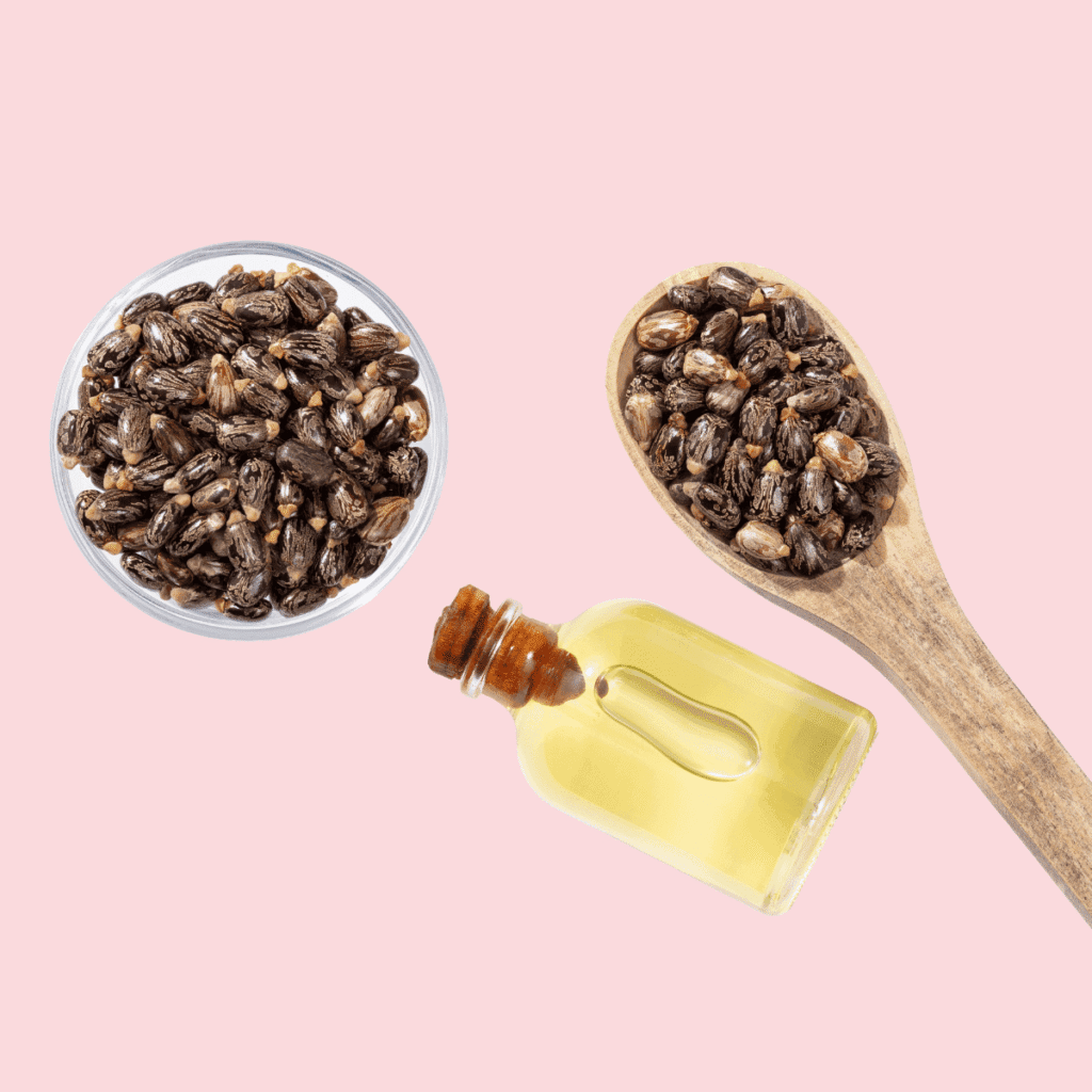 castor beans and a bottle of castor oil