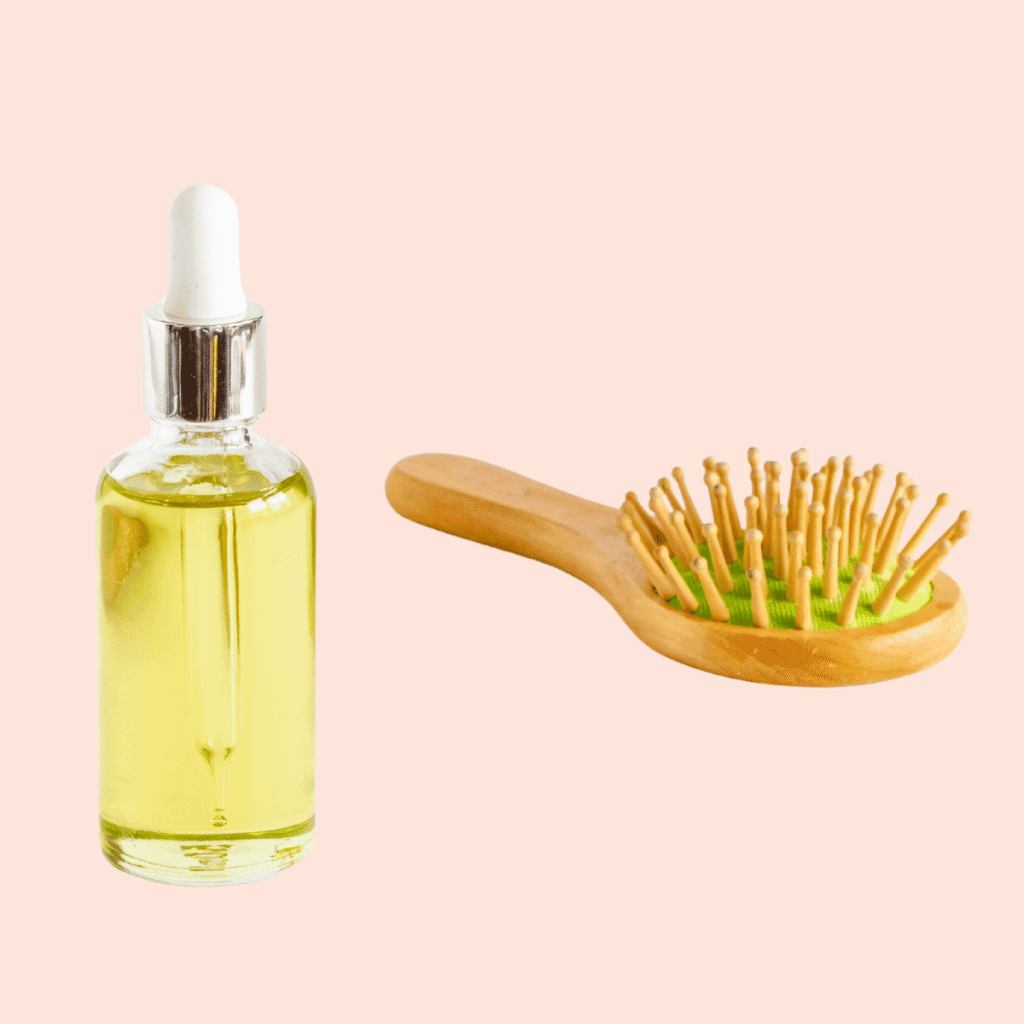 oil in a small glass bottle and a wooden brush. Low porosity hair oils to avoid
