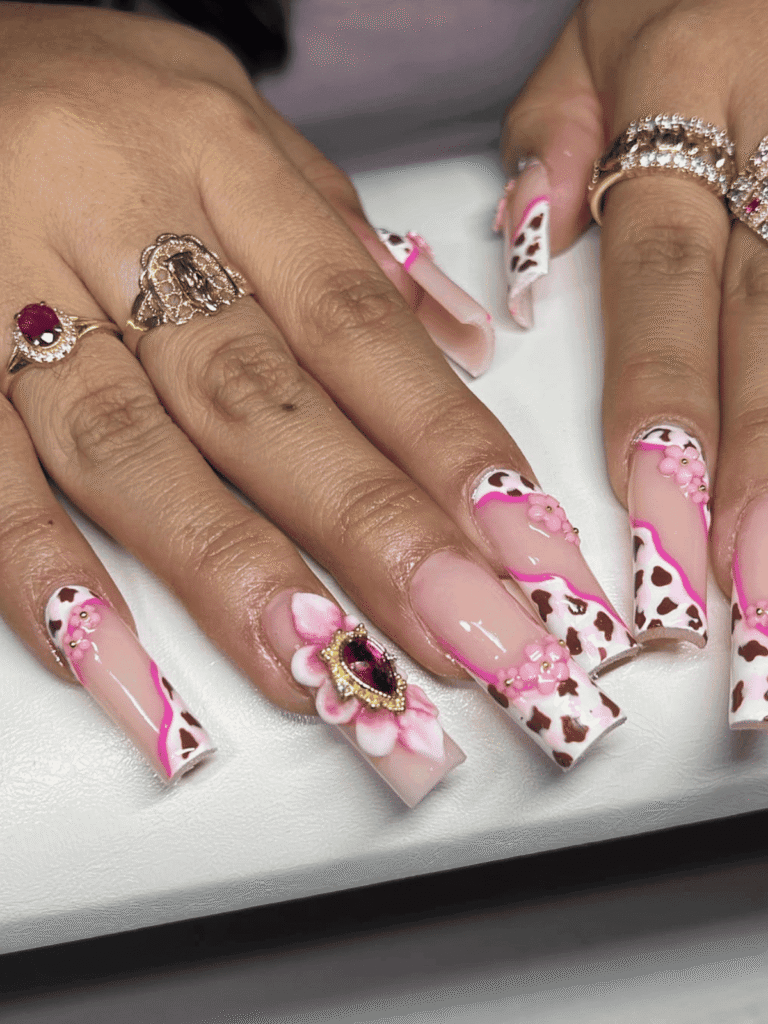 3D cow print nails