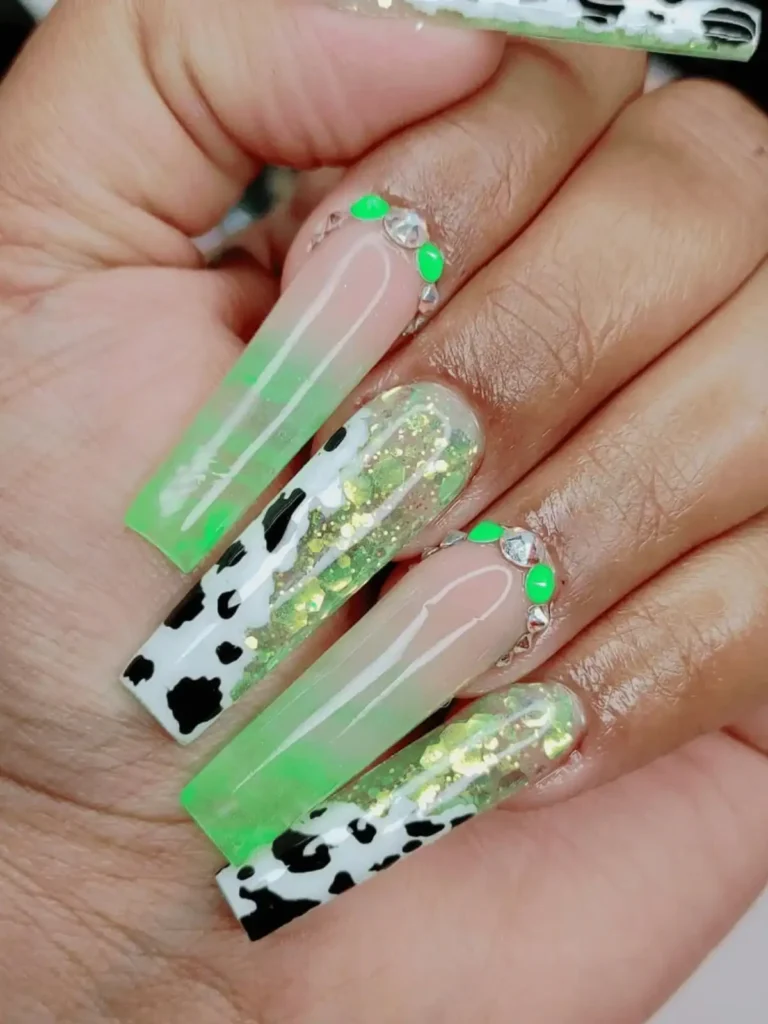 LONG GLITTER COW PRINT NAILS