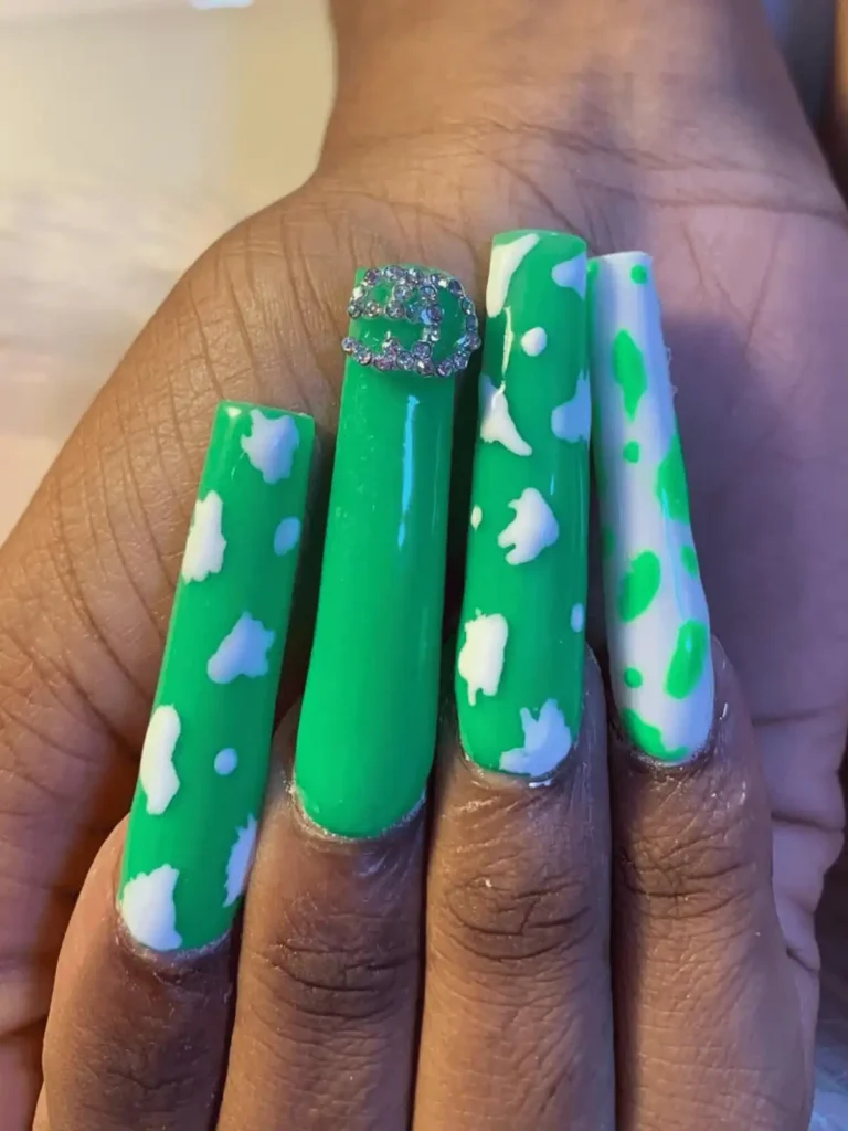 LONG GREEN COW PRINT NAILS