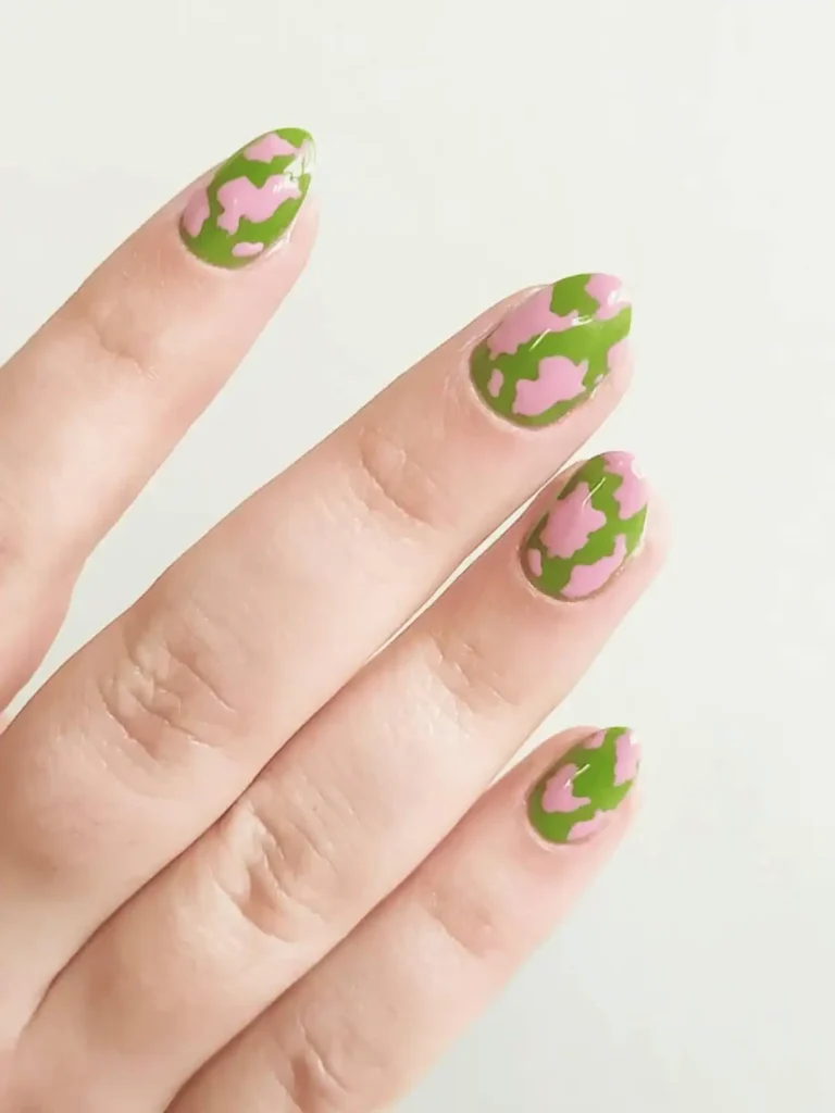 PINK AND GREEN COW PRINT NAILS
