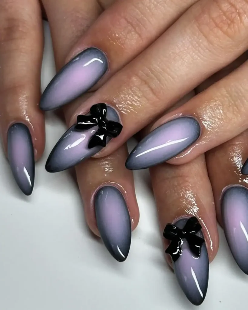 Purple and black bow nails