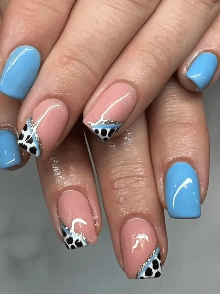 blue cow print nails