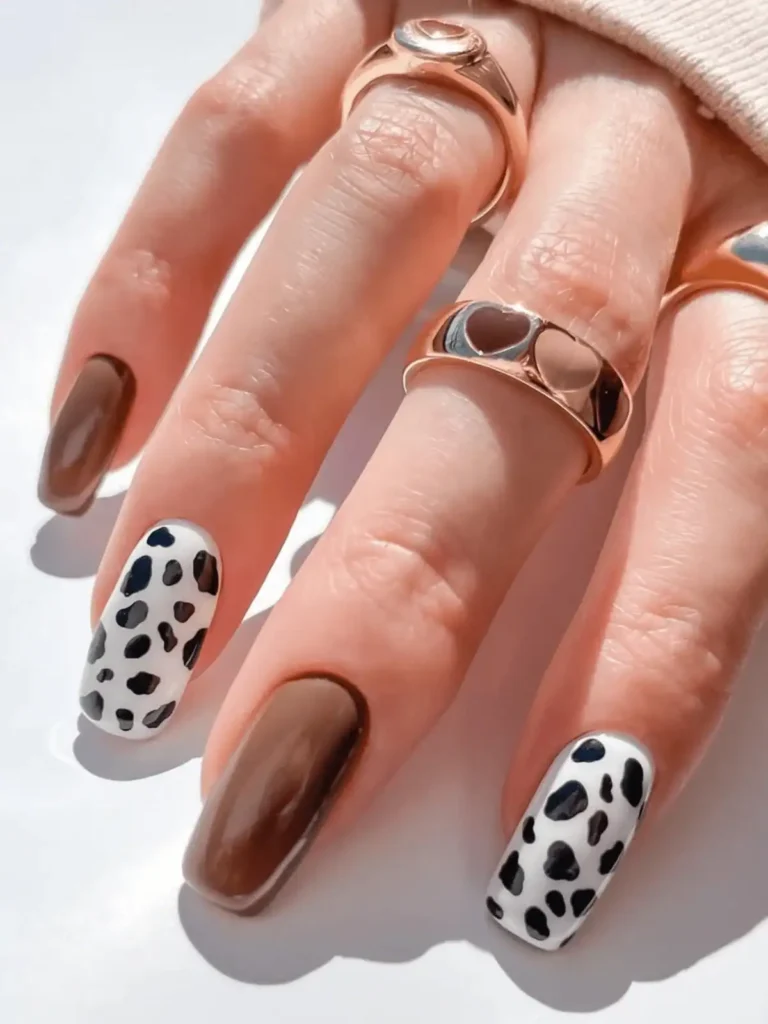 brown mixed cow print nails
