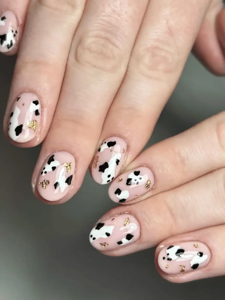 gold and cow print nails