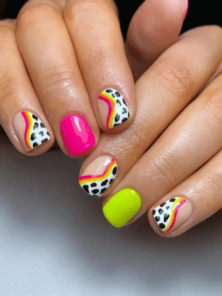 multicolour neon cow print nails