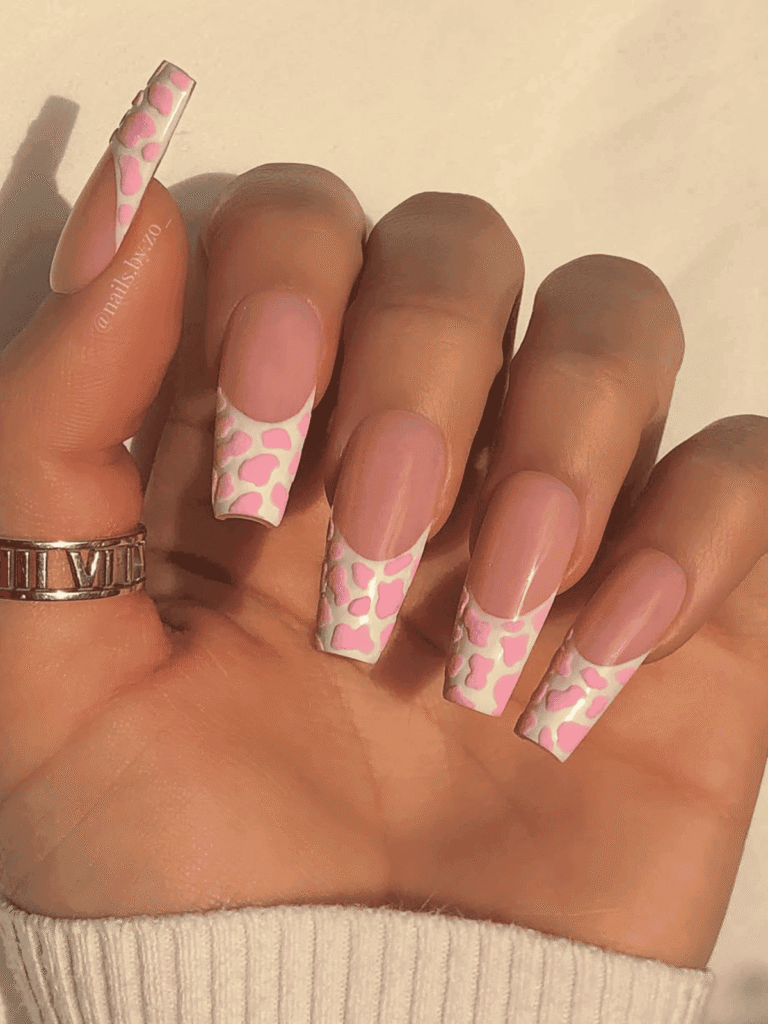 pink and white cow print French white tips