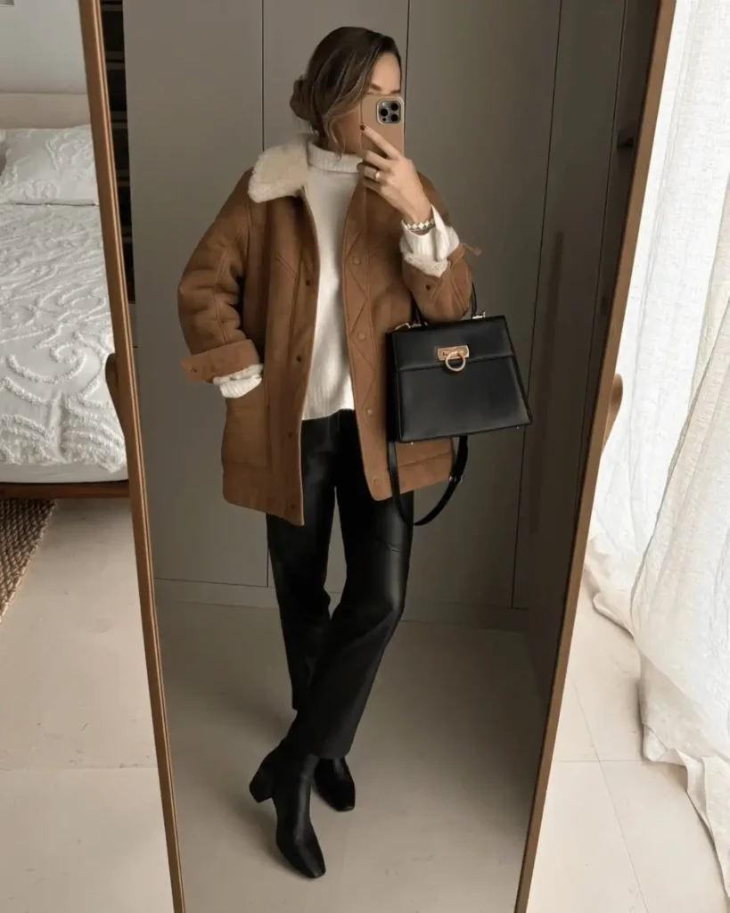 Brown padded jacket and leather trousers outfit