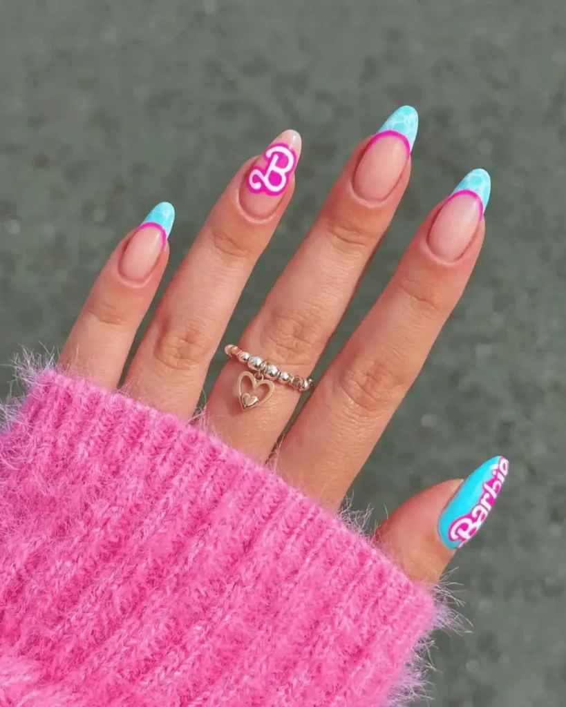 Pink and blue nail art design.
