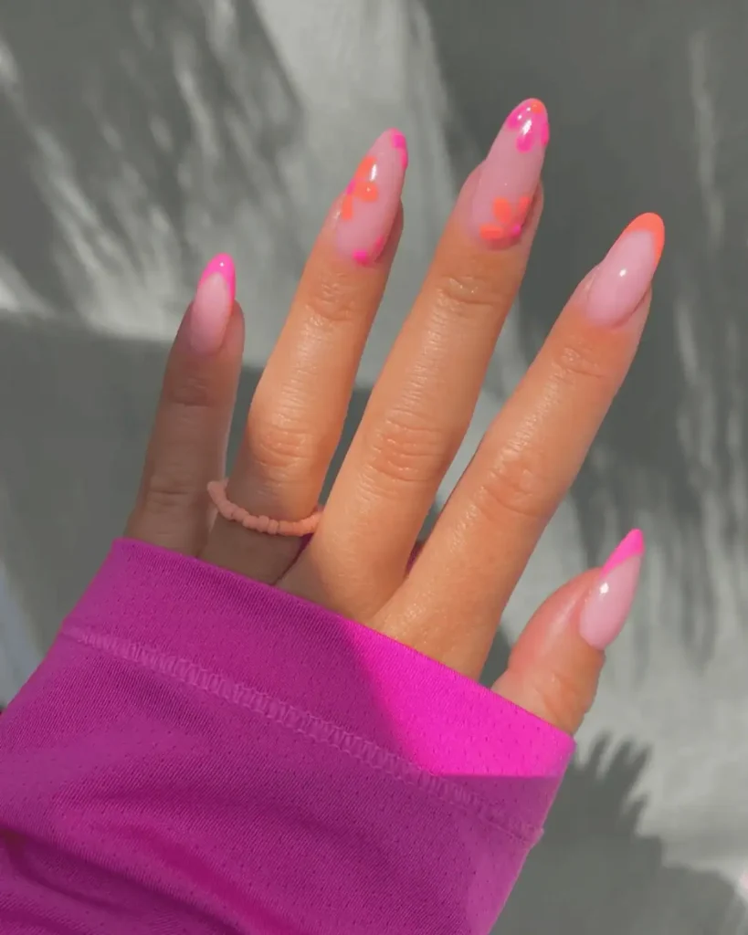 Pink and orange floral nail design