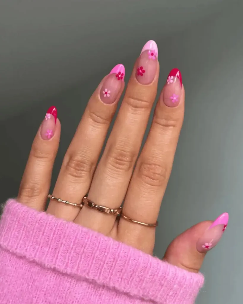 Pink floral nail art.