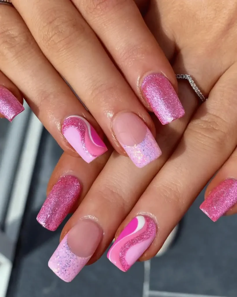 Pink glitter mix and match nail art design