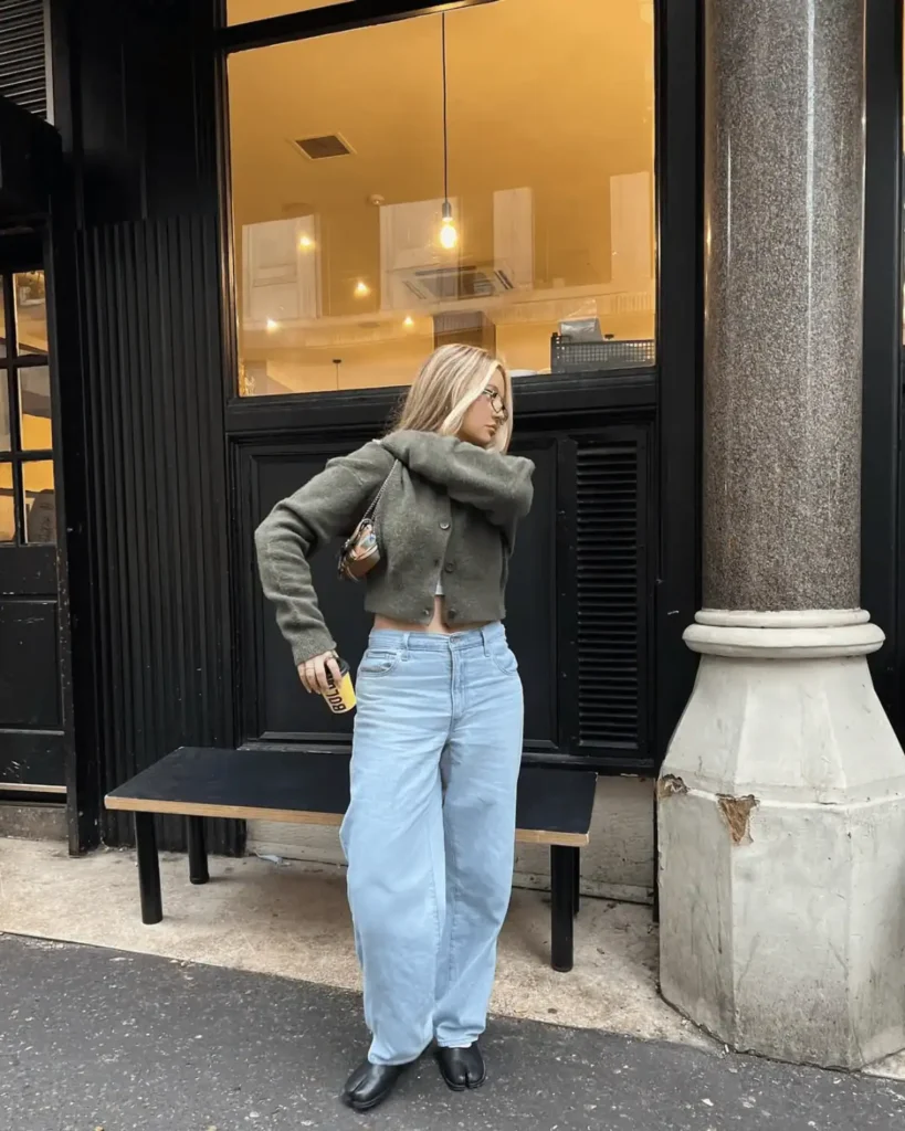 green cardigan and jean outfit with black tabi shoes