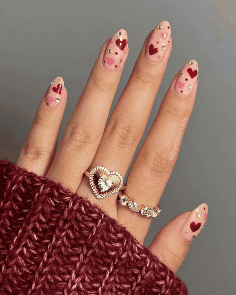 dark red and pink love heart nails. Valentine's Day Nail Ideas