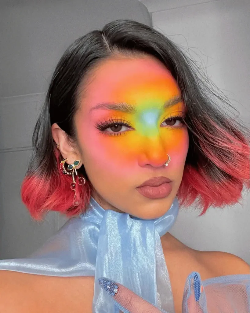 large red, orange and blue aura makeup