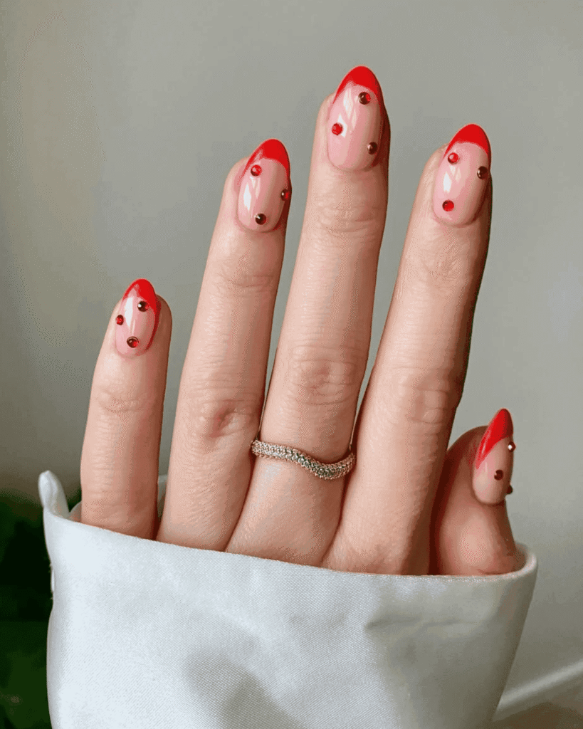 red diamante dots nails. Valentine's Day Nail Ideas