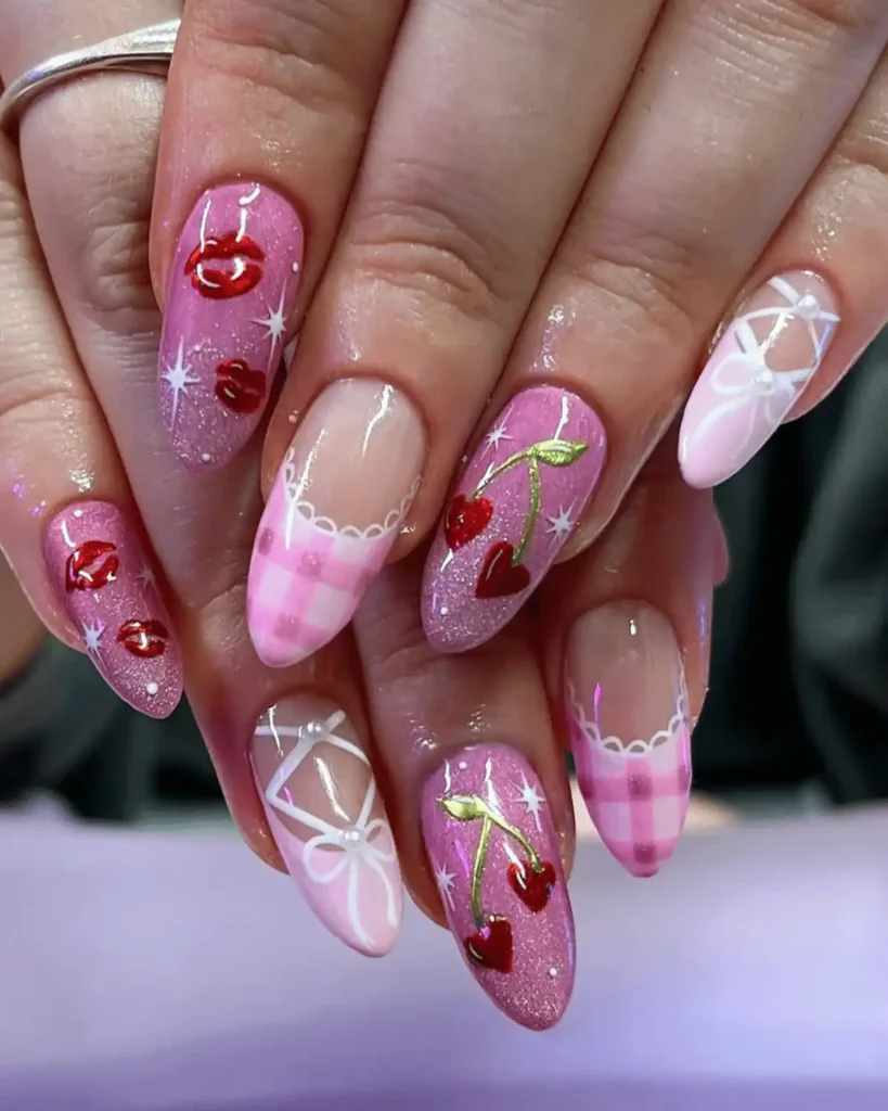 Pink checkerboard cherry nails