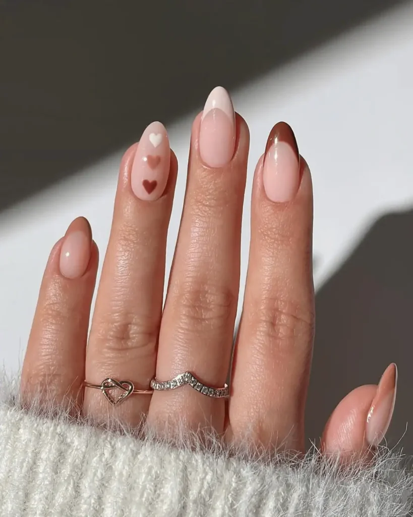 brown hearts nail art. mocha mousse nail ideas