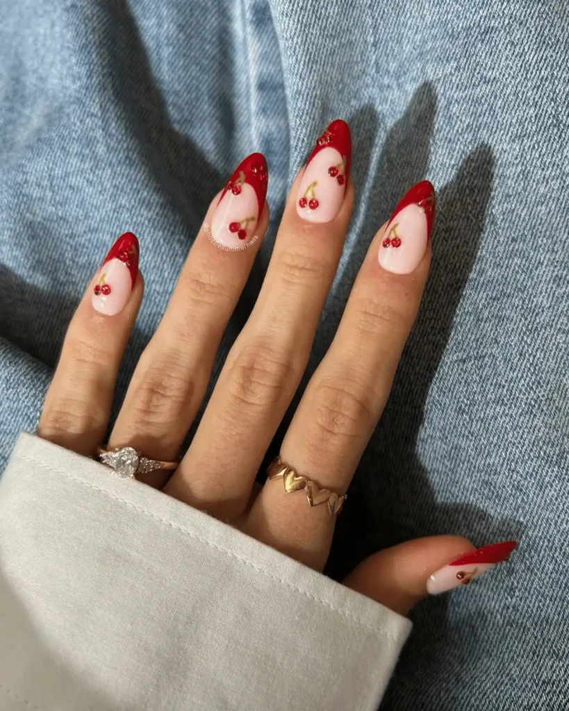 Red French tips cherry nails. Cherry Nail Ideas