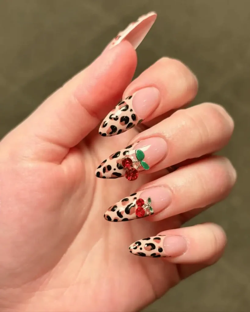 Leopard print cherry nails