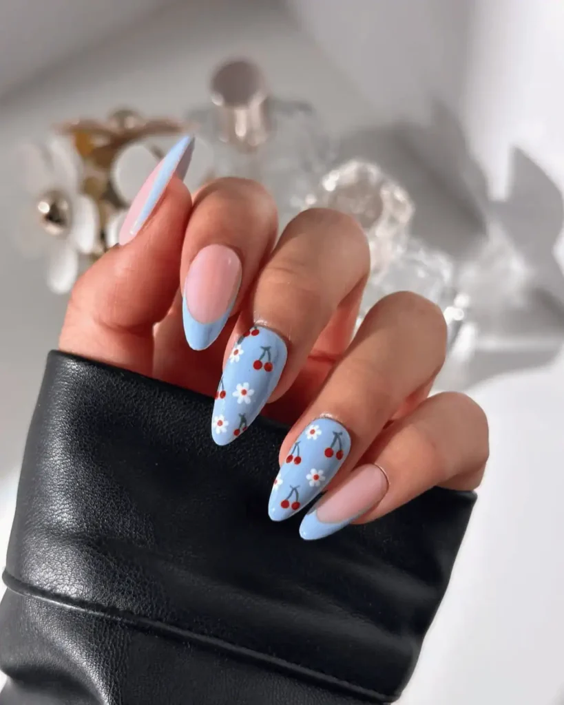 blue cherry nail design