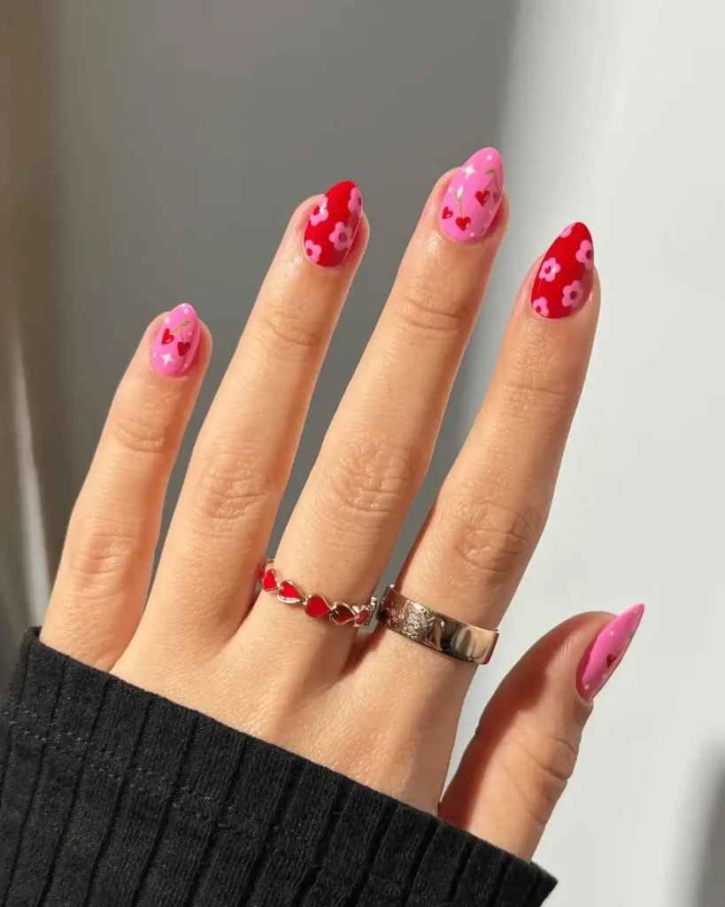 Pink and red Cherry Nail Ideas