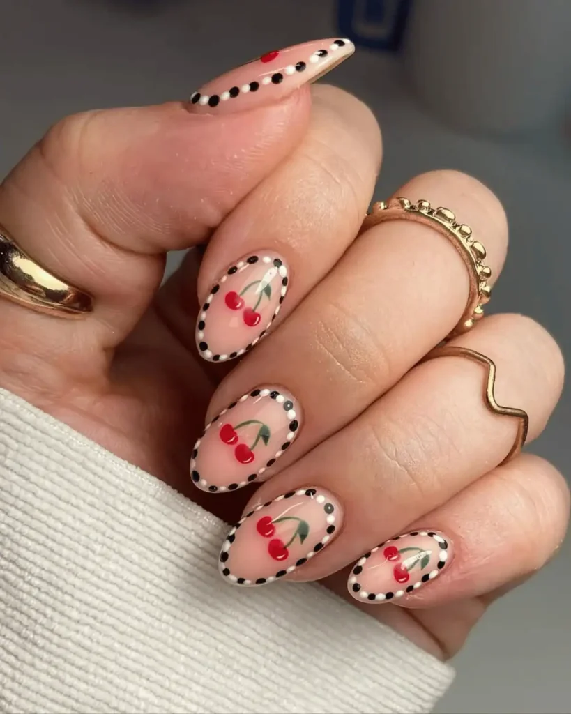 white and black frame retro cherry nails