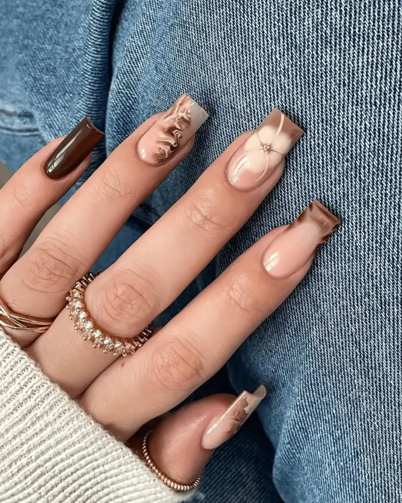 brown floral nail art