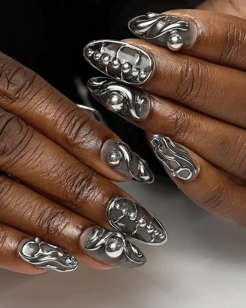 Silver 3D chrome nails