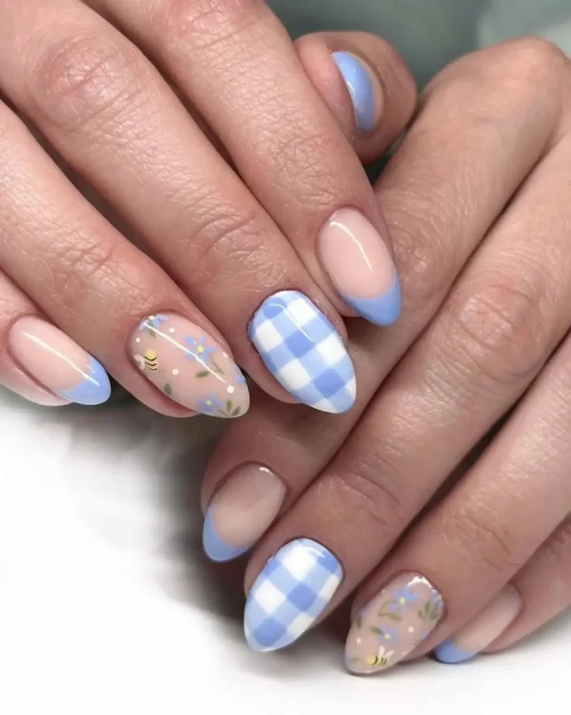 blue check flower framed manicure design