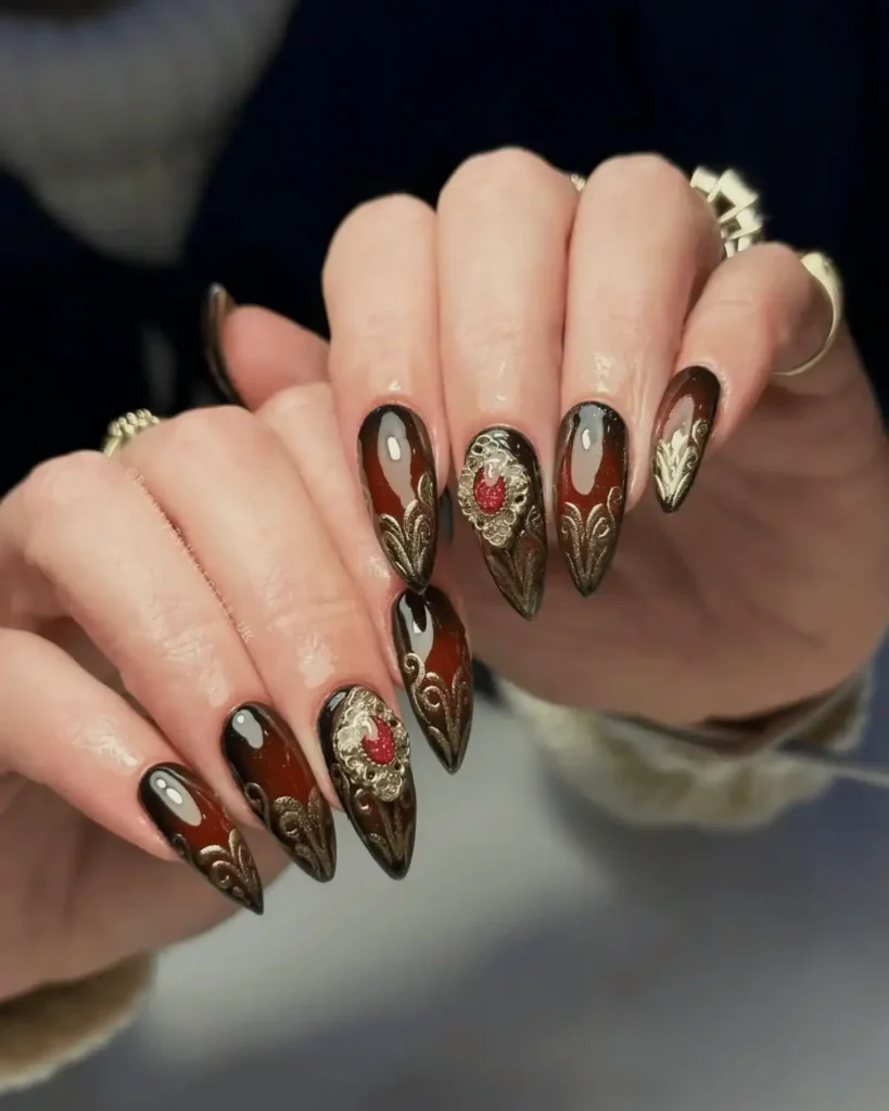gold and red medieval nail. Castlecore Nail Ideas