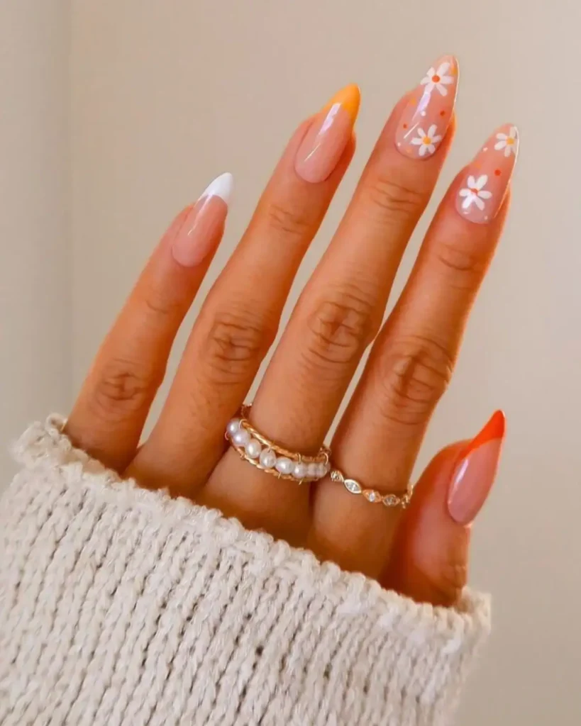 orange floral nails