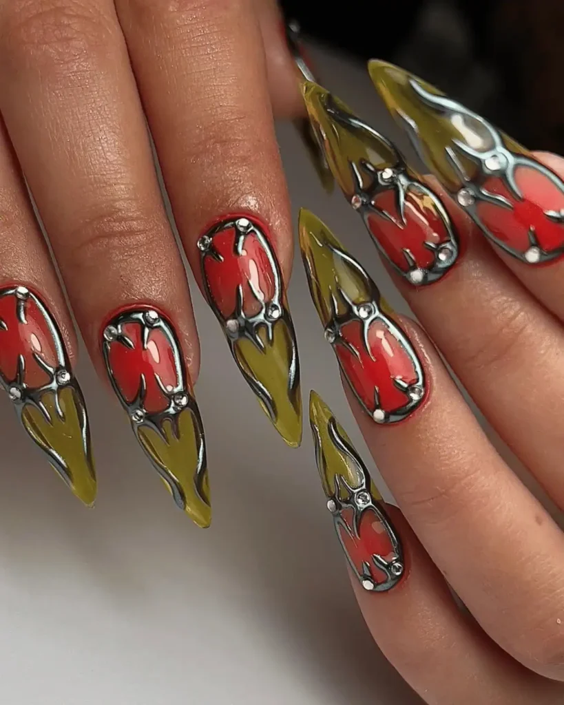 red and yellow 3D medieval nails