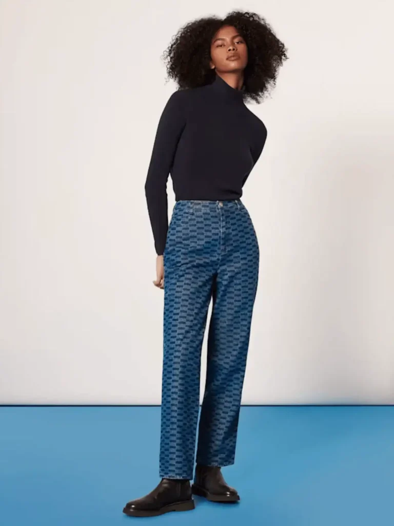 model wearing denim checkered jeans