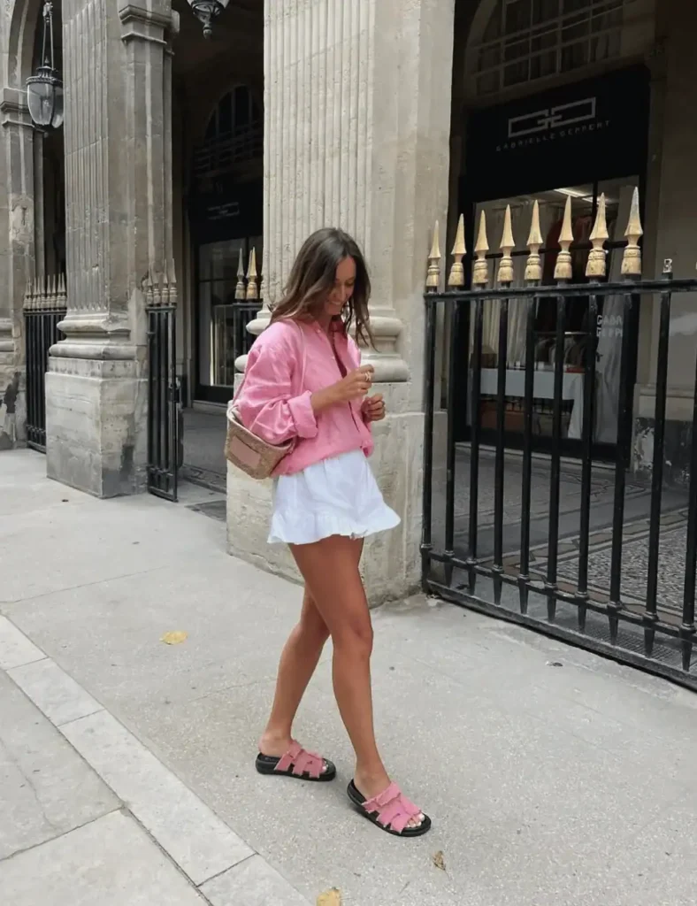 Woman is wearing a pink blouse with whiote shorts and pink sandals.